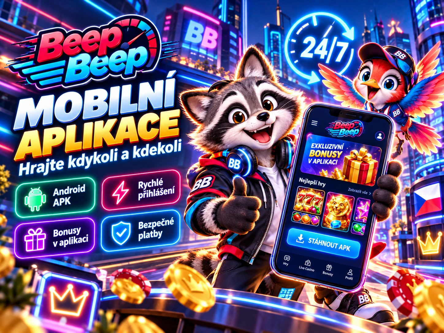Beep Beep Casino mobile pro Android a iOS s přístupem k účtu a hrám