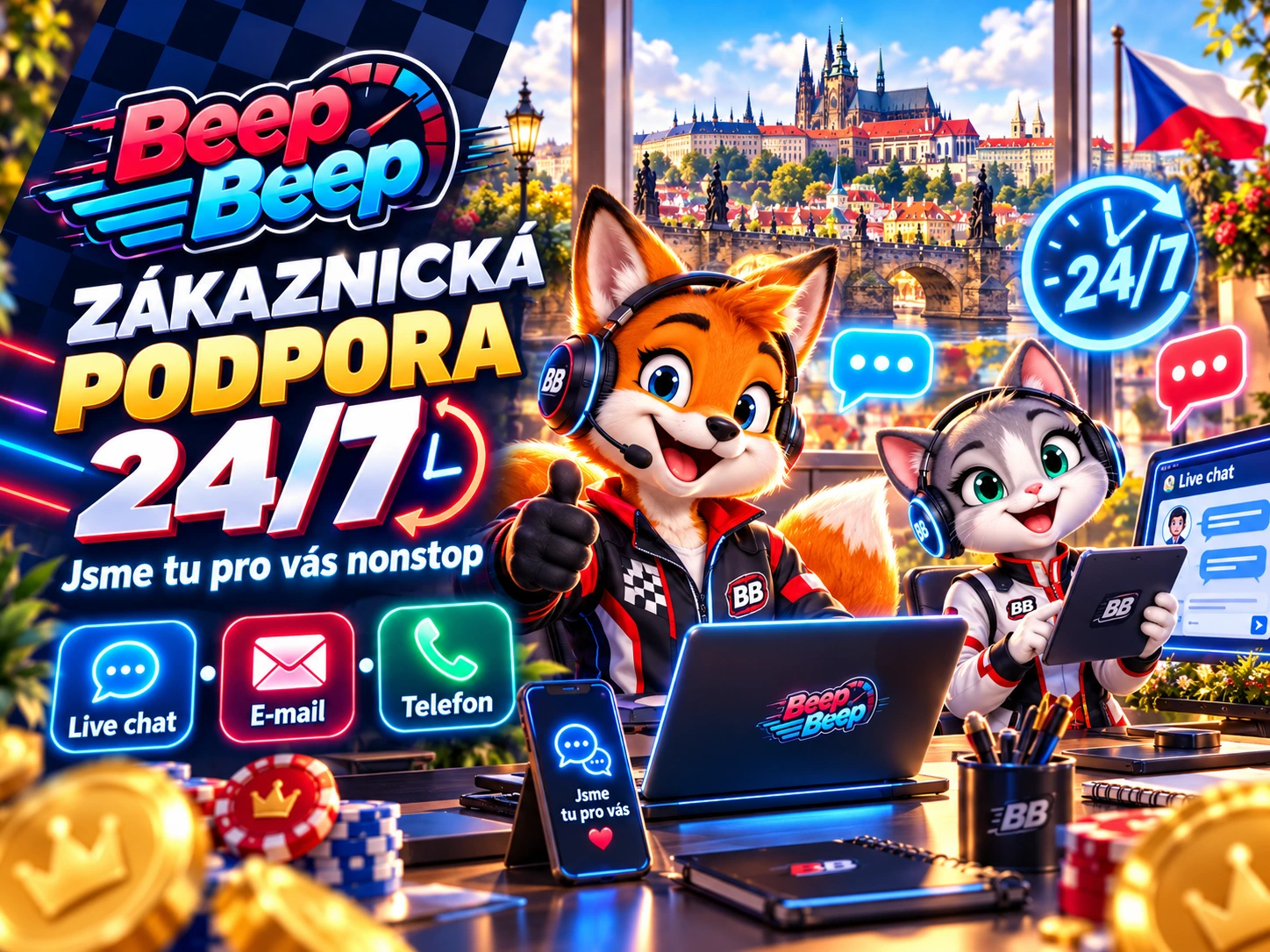 Beep Beep Casino zákaznická podpora a pomoc s účtem 24 hodin denně